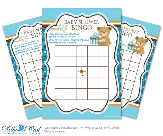 Blue Brown Teddy Bear Bingo Game Printable Card for Baby Boy Shower ...